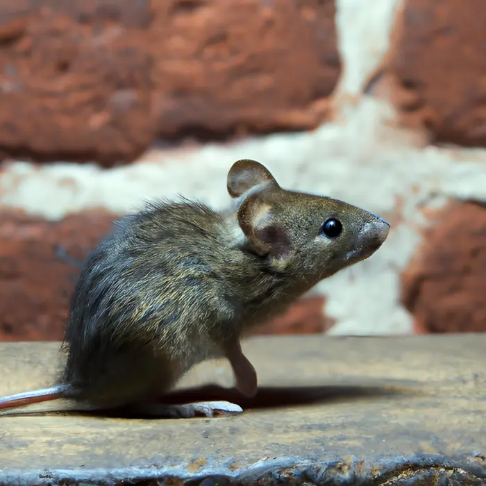 A mouse looking for entry into a home in front of a brick wall.