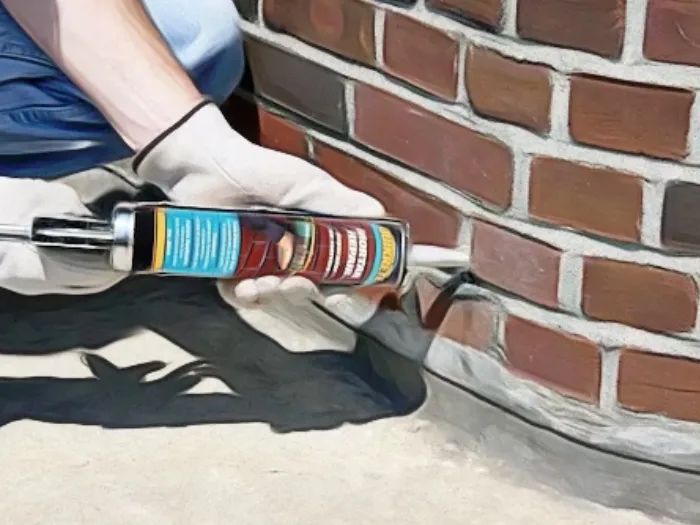 A caulking gun being used to seal up and block a weep hole.