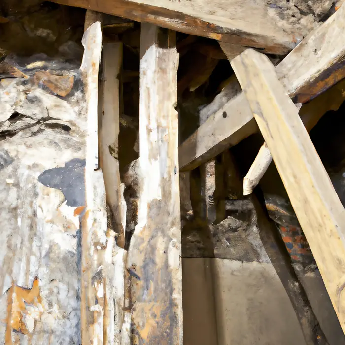 Structural decay on timber supports caused by fungal growths.