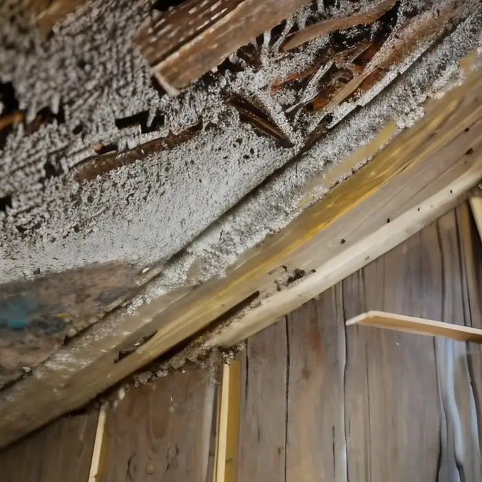 Structural decay of wooden frame materials from moisture damage.