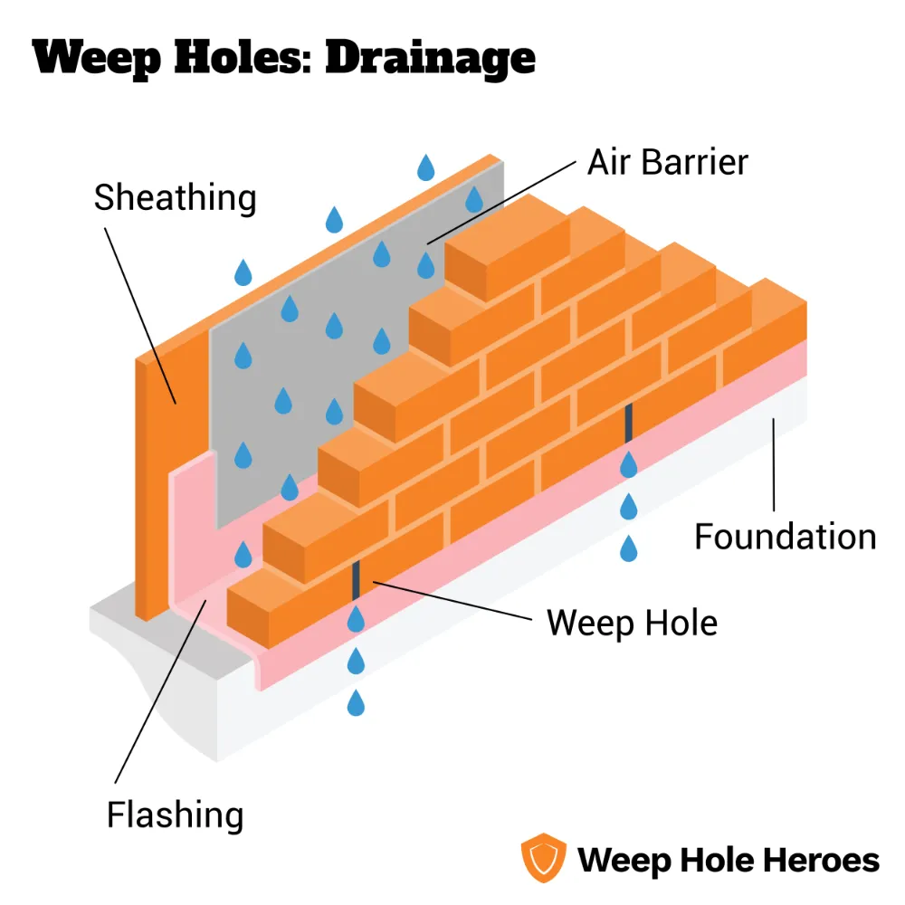 Diagram showing how weep hole drainage works with moisture and water running down the cavity walls, over the flashing and out of the weep holes.