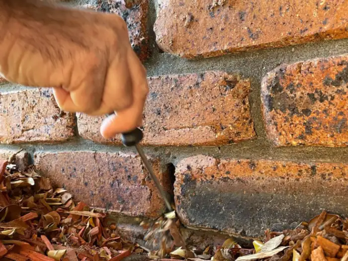 A screwdriver being used to clear debris from a weep hole.