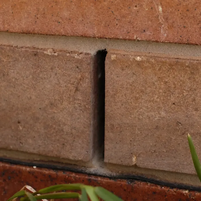 A weep hole shown in a open head joint between bricks.