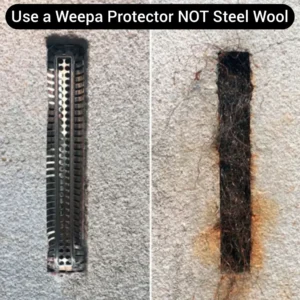 A comparison shot of a Weepa Protector Weep Hole Cover compared to steel wool with the later rusting.